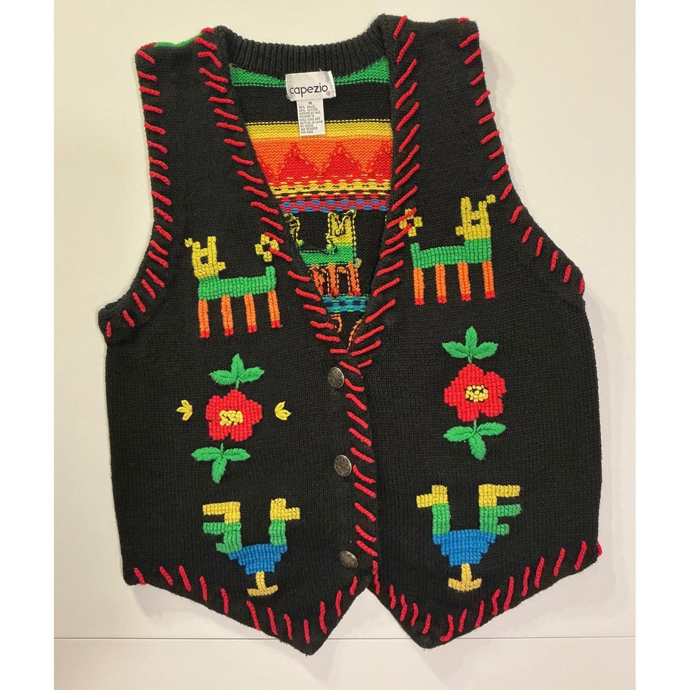 VTG Capezio Womens Knit Vest Blk‎ Multi Color Southwestern Animals Granny Sz M